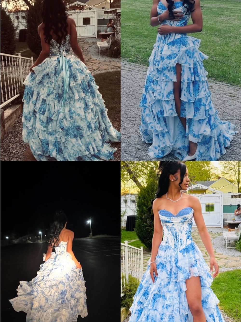 Blue Floral Strapless Ruffled High-Low Prom Dress